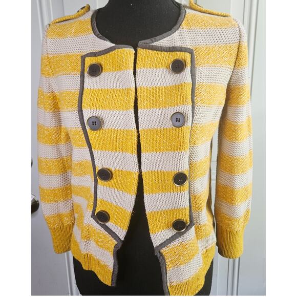 LOFT Military Style Cardigan Sweater Yellow Cream Striped Cotton Size Small - Picture 4 of 12
